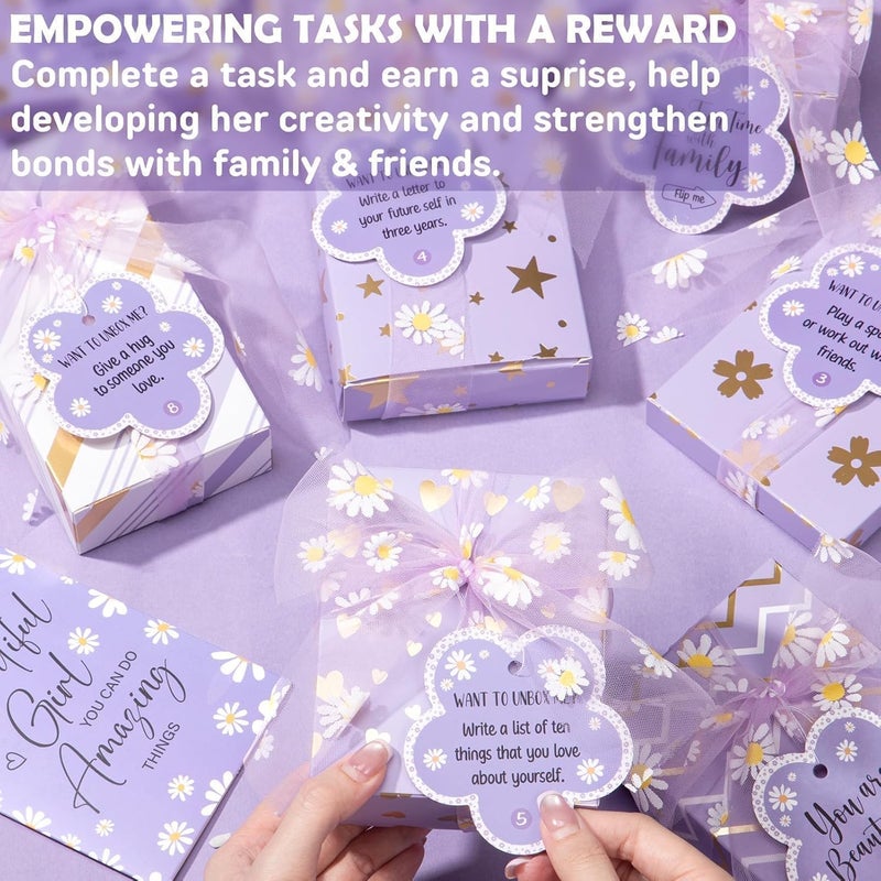 Qinline Valentines Day Gifts for Tween & Teen Girls - 8 PCS Birthday Gift Basket Teenage Girl Gifts Trendy Stuff w/ Fun Task Tags Makeup Brushes & Bag, Empower Positive Wrapped Gift Box for Daughter Niece - Image 5